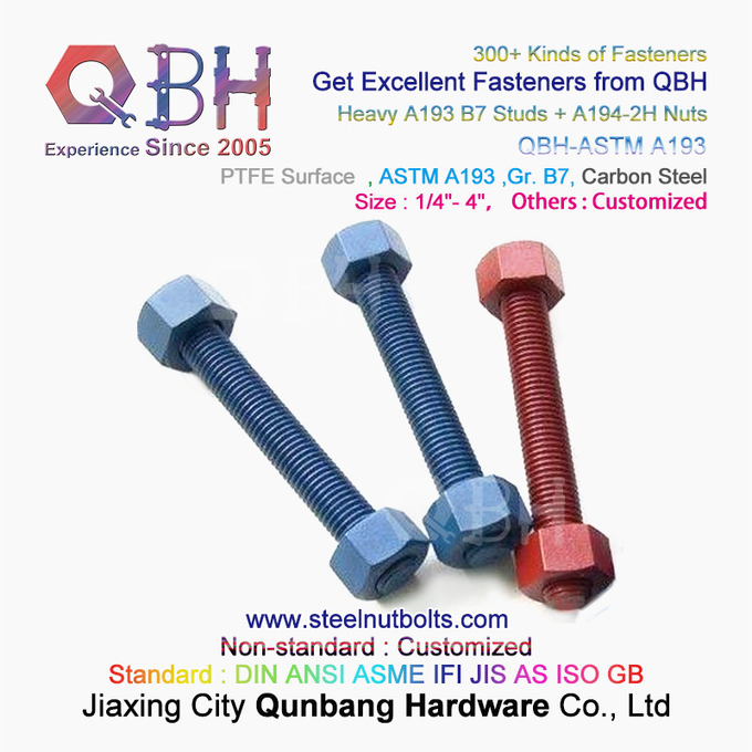 QBH PTFE 1070 czerwona/niebieska/czarna/zielona powlekana 1/4 "-4" ASTM A193 B7 Śruba dwustronna z gwintowanym prętem z ciężką nakrętką sześciokątną A194-2H 2