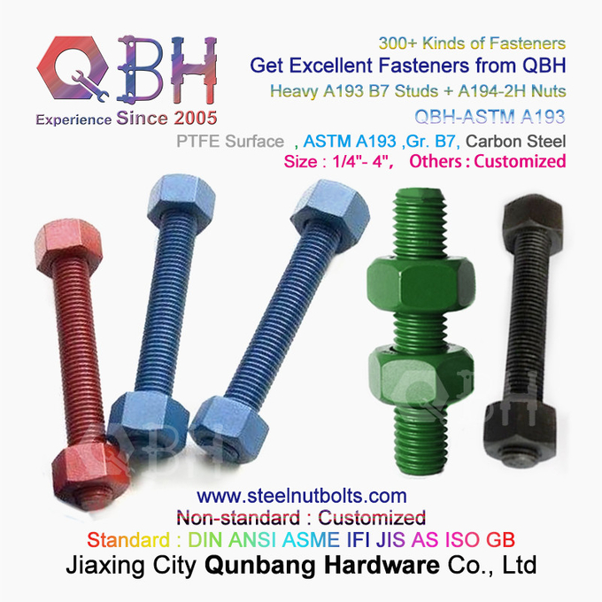 QBH PTFE 1070 czerwona/niebieska/czarna/zielona powlekana 1/4 "-4" ASTM A193 B7 Śruba dwustronna z gwintowanym prętem z ciężką nakrętką sześciokątną A194-2H 3